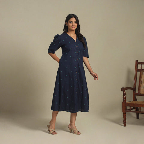 Blue - button down cotton jacquard dress 02 - handcrafted