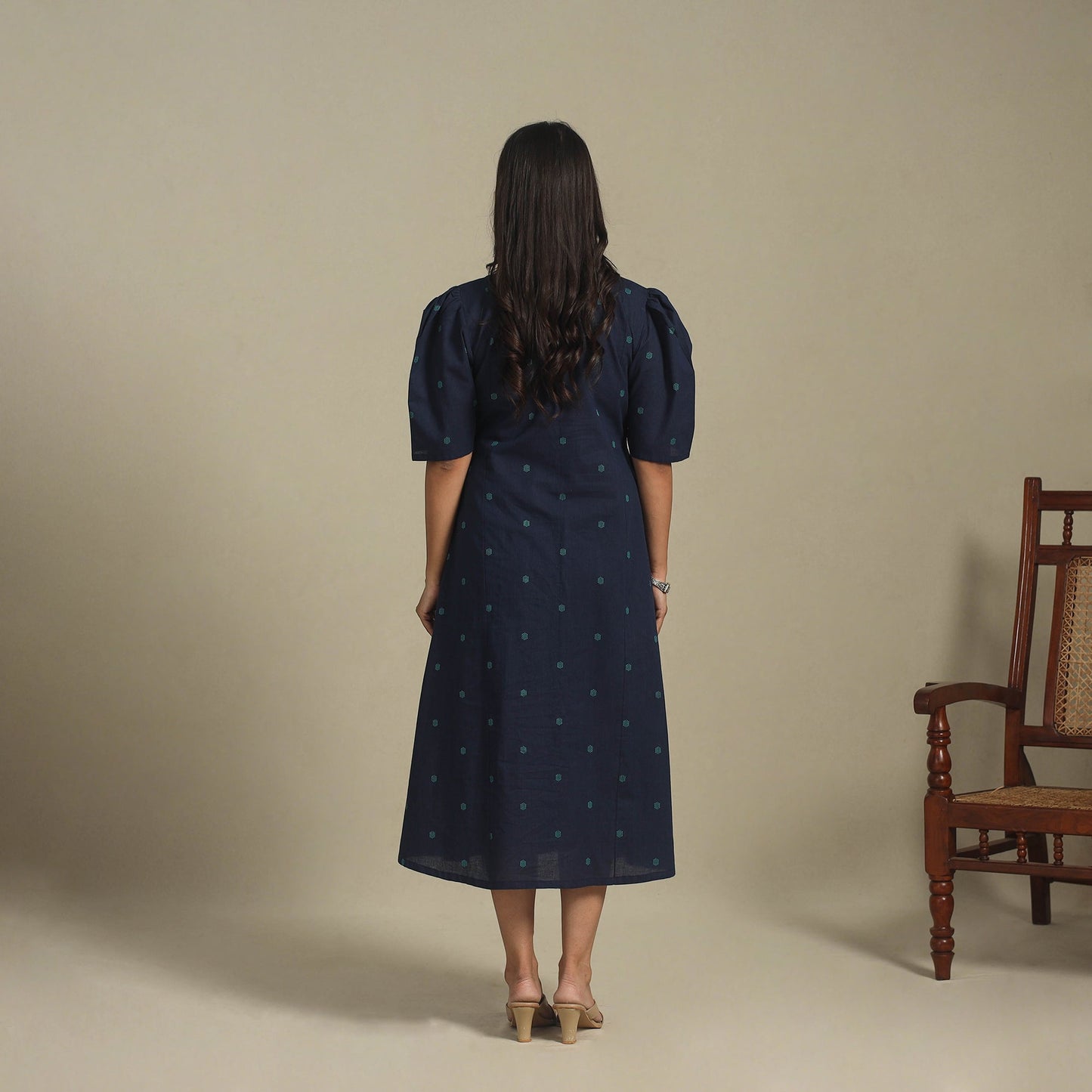 Blue - button down cotton jacquard dress 02 - handcrafted