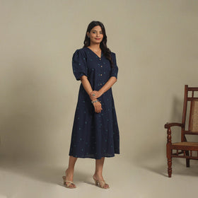 Blue - button down cotton jacquard dress 02 - handcrafted