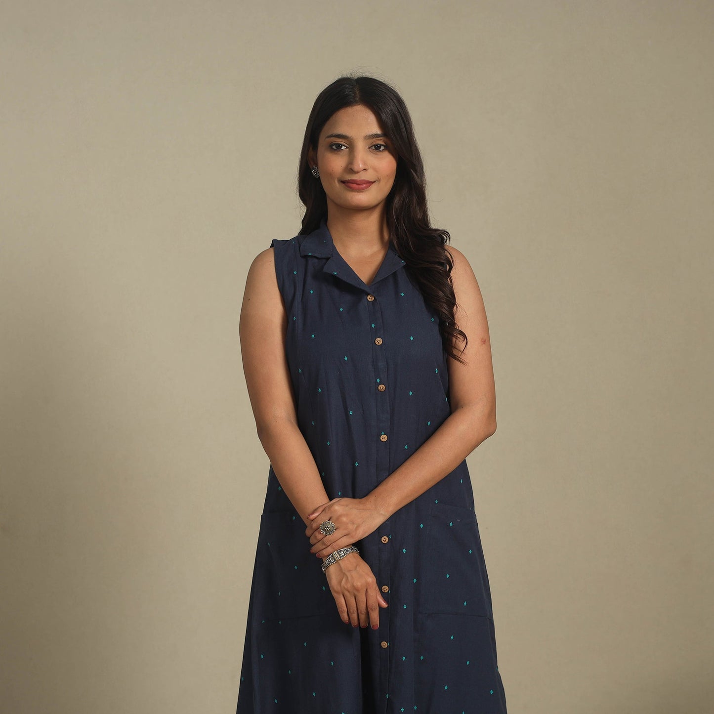 Blue - button down cotton jacquard dress 11 - handcrafted