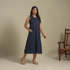 Blue - button down cotton jacquard dress 11 - handcrafted