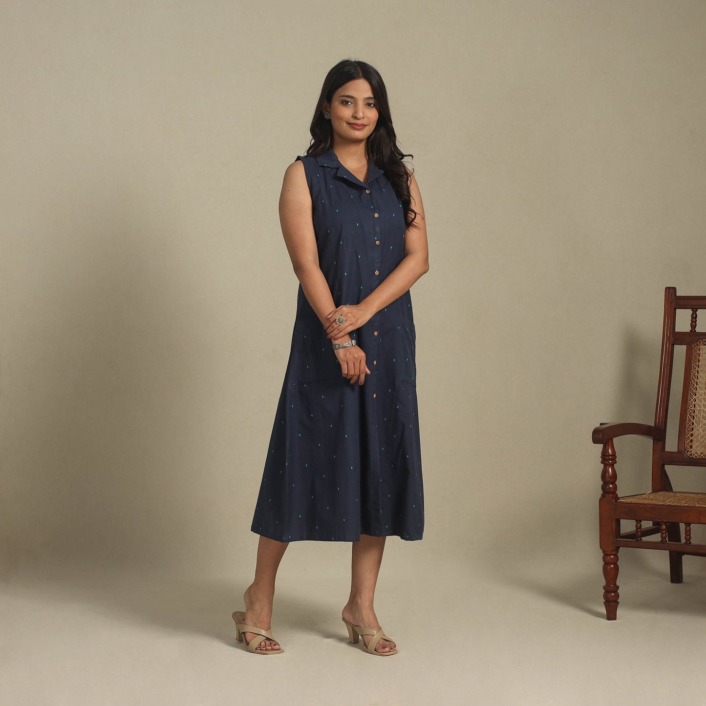 Blue - button down cotton jacquard dress 11 - handcrafted