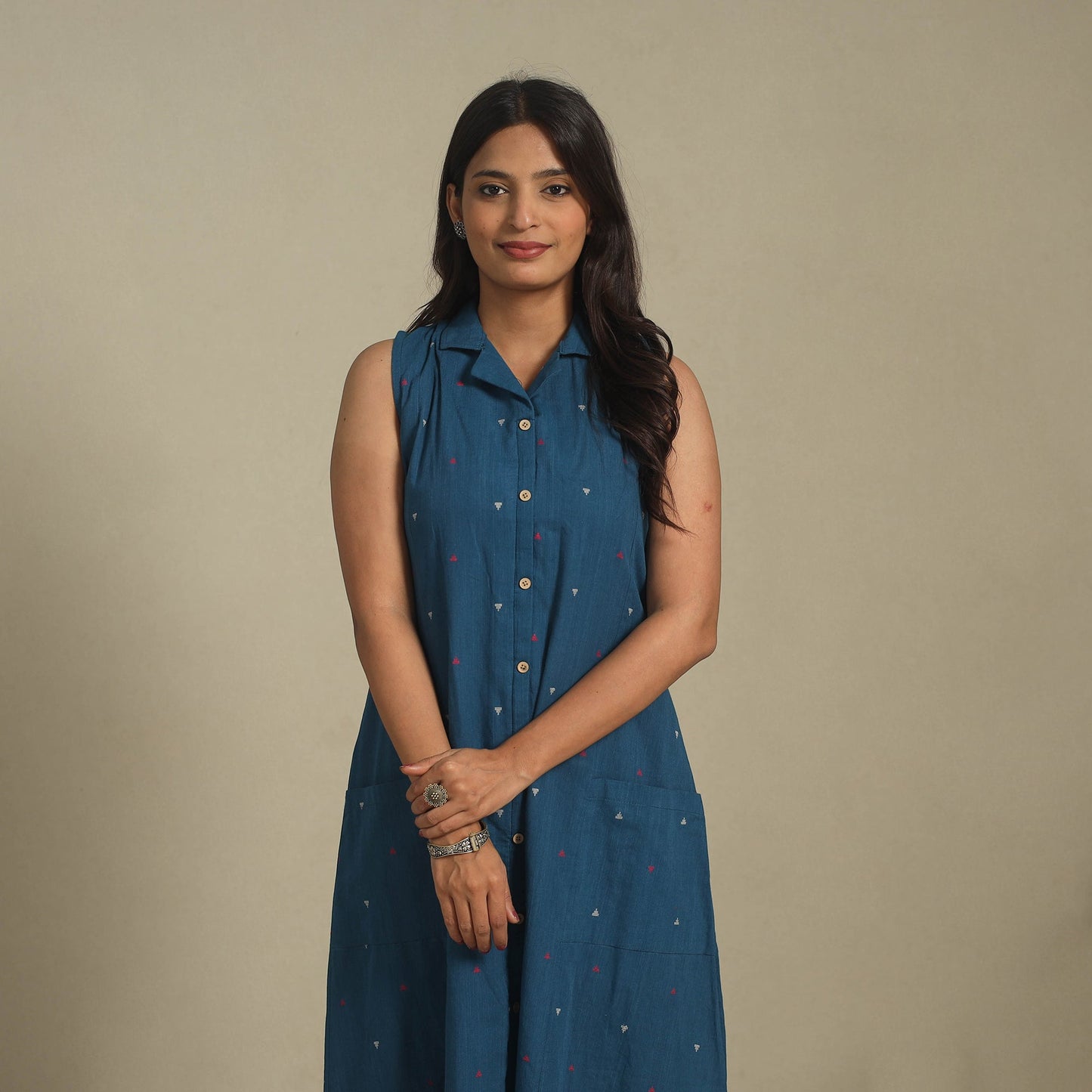 Blue - button down cotton jacquard dress 13 - handcrafted