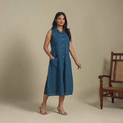 Blue - button down cotton jacquard dress 13 - handcrafted