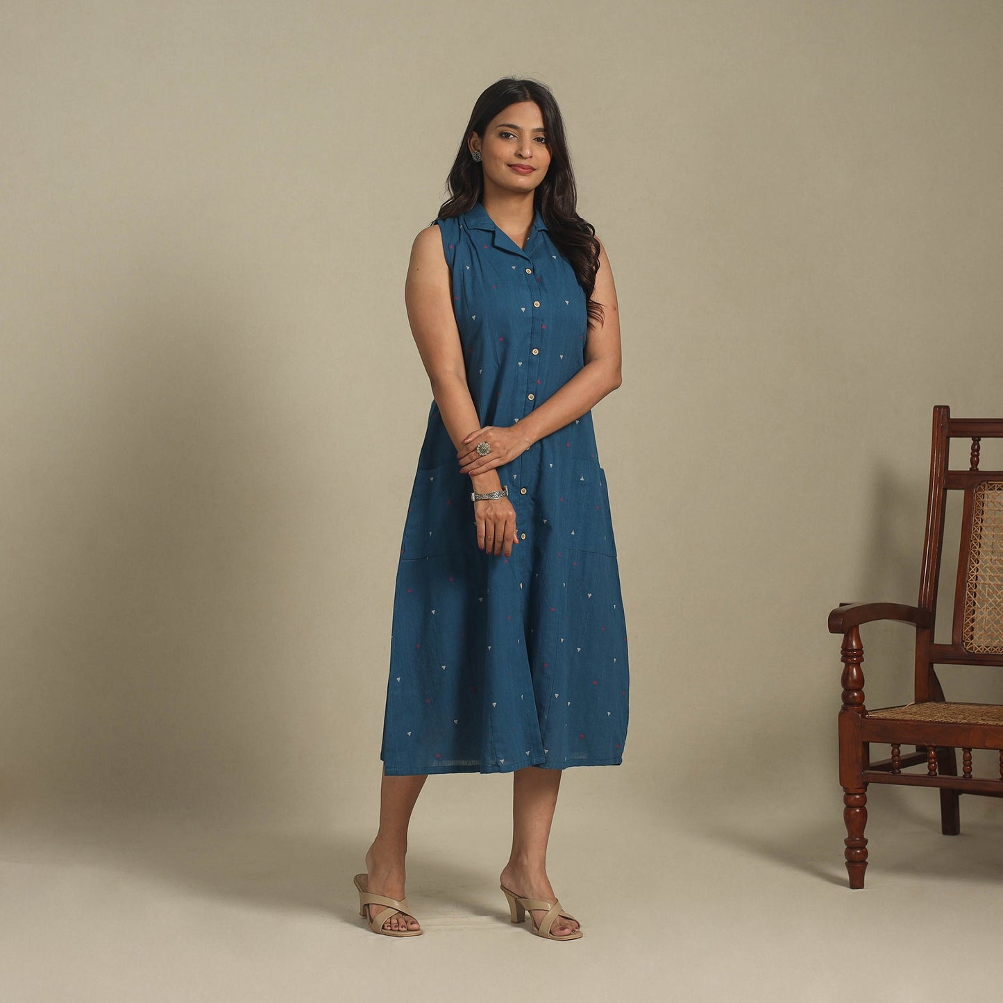 Blue - button down cotton jacquard dress 13 - handcrafted