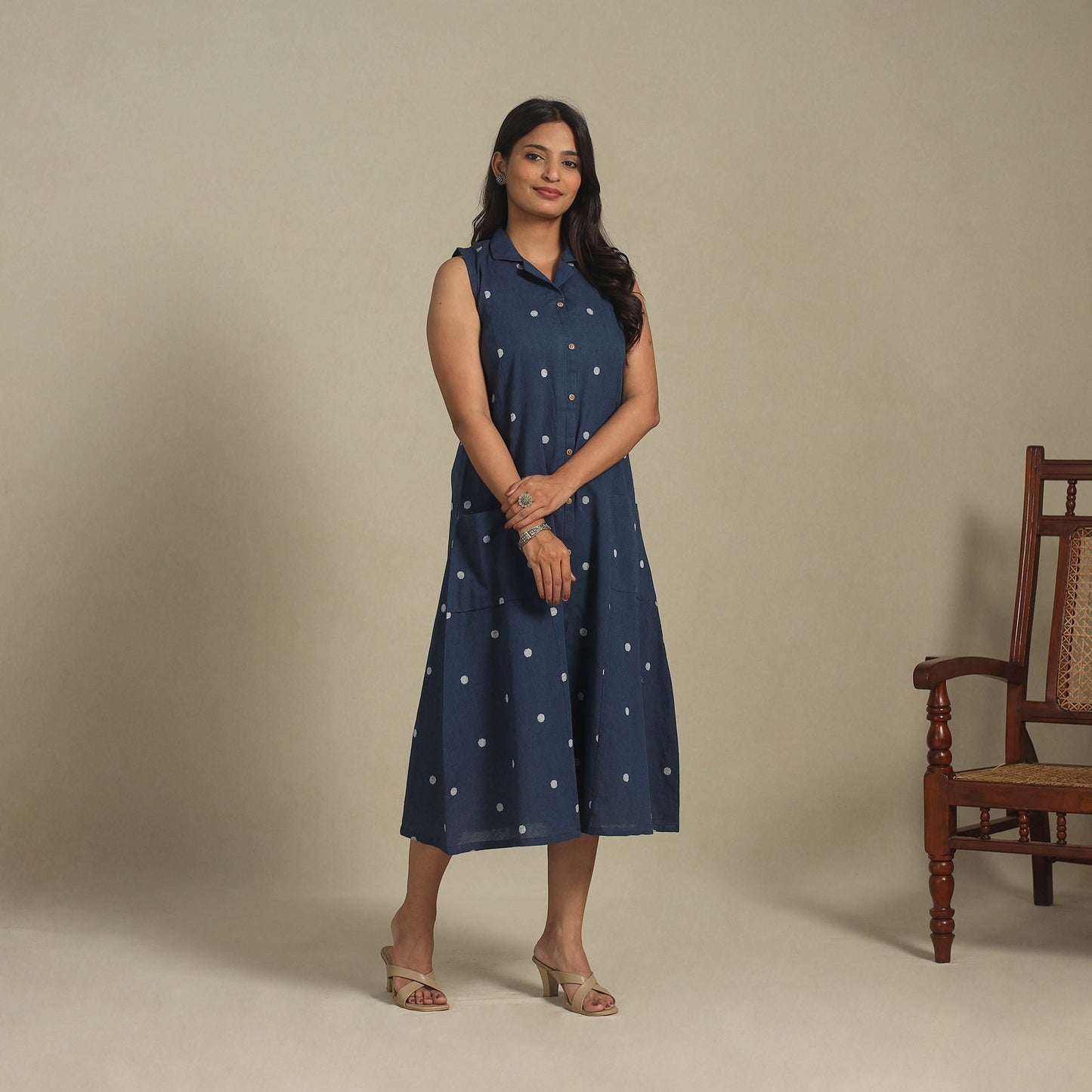 Blue - button down cotton jacquard dress 14 - handcrafted