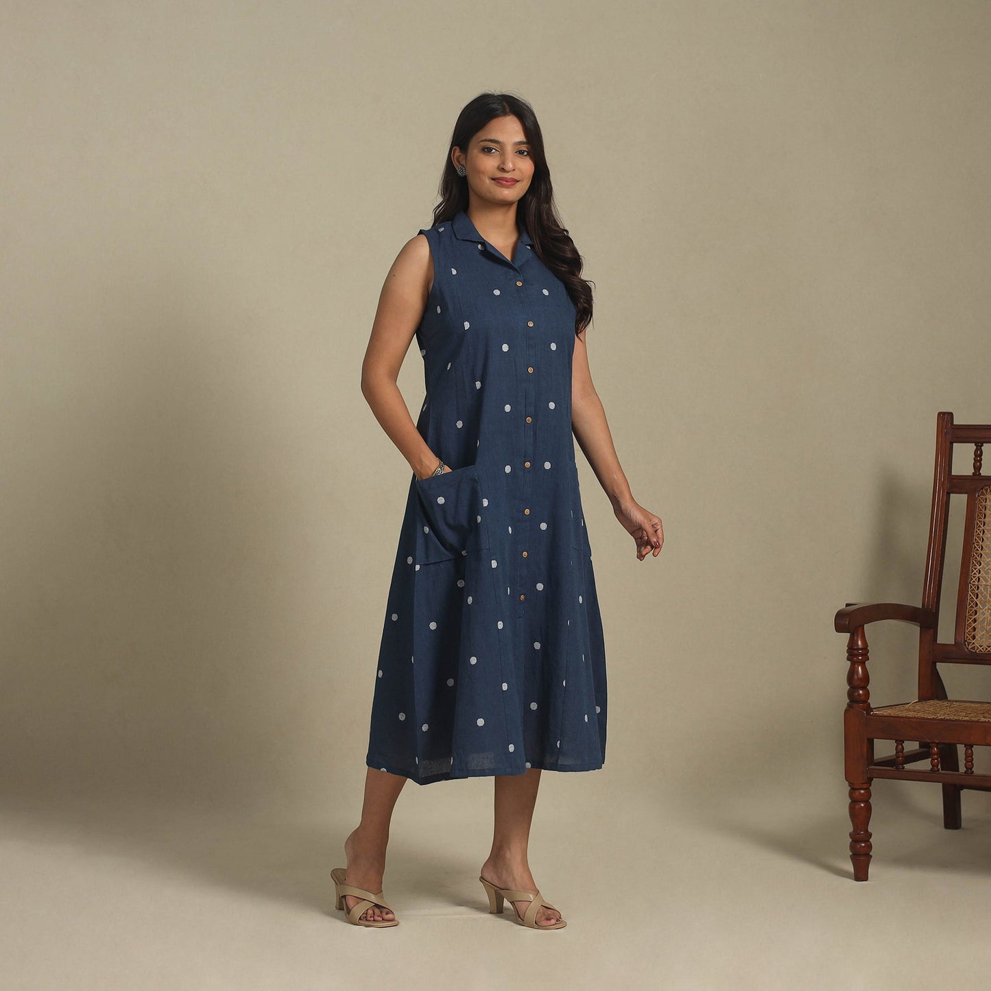Blue - button down cotton jacquard dress 14 - handcrafted