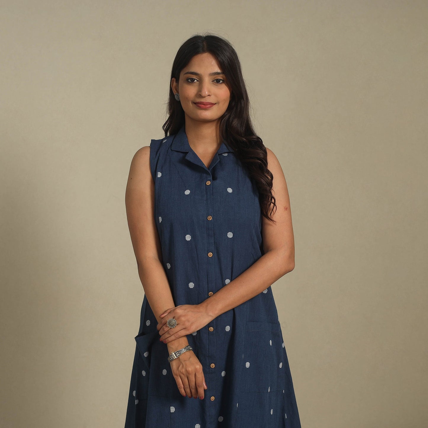 Blue - button down cotton jacquard dress 14 - handcrafted