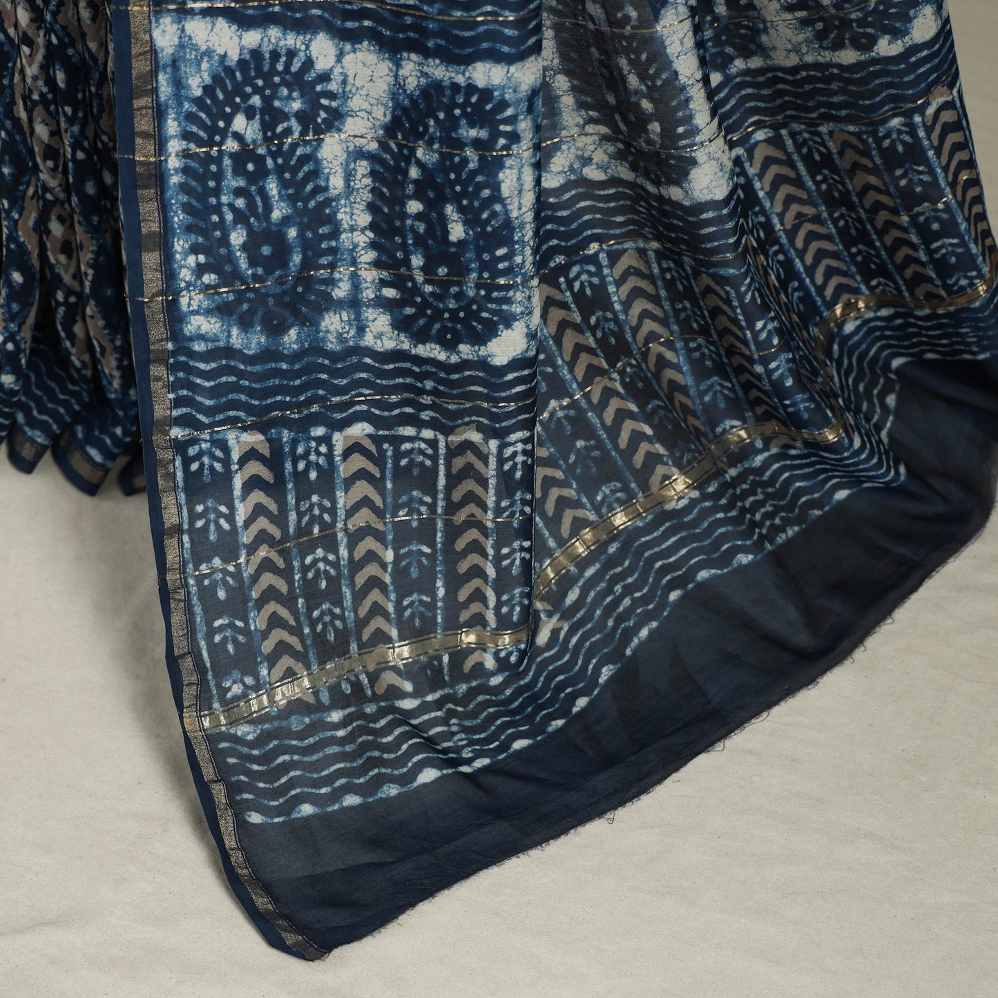 Block Print Chanderi Silk Bagru Saree with Zari Border