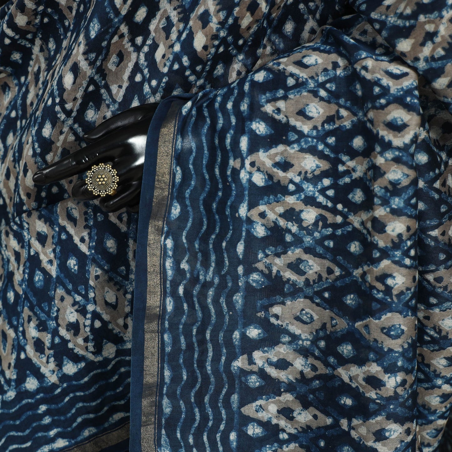 Block Print Chanderi Silk Bagru Saree with Zari Border