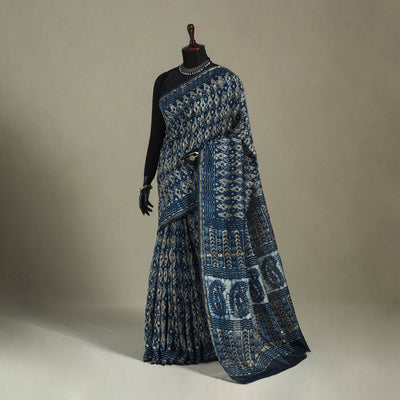 Block Print Chanderi Silk Bagru Saree with Zari Border