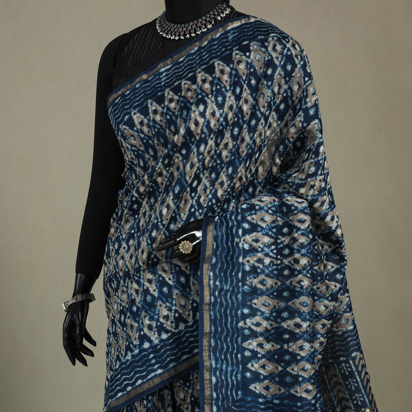 Block Print Chanderi Silk Bagru Saree with Zari Border