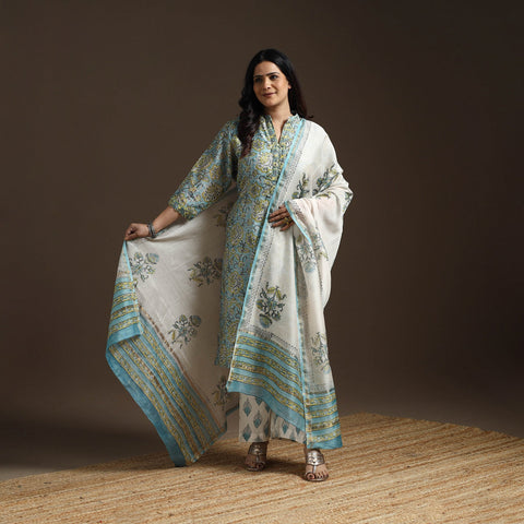Blue - chanderi silk sanganeri suit set with dupatta