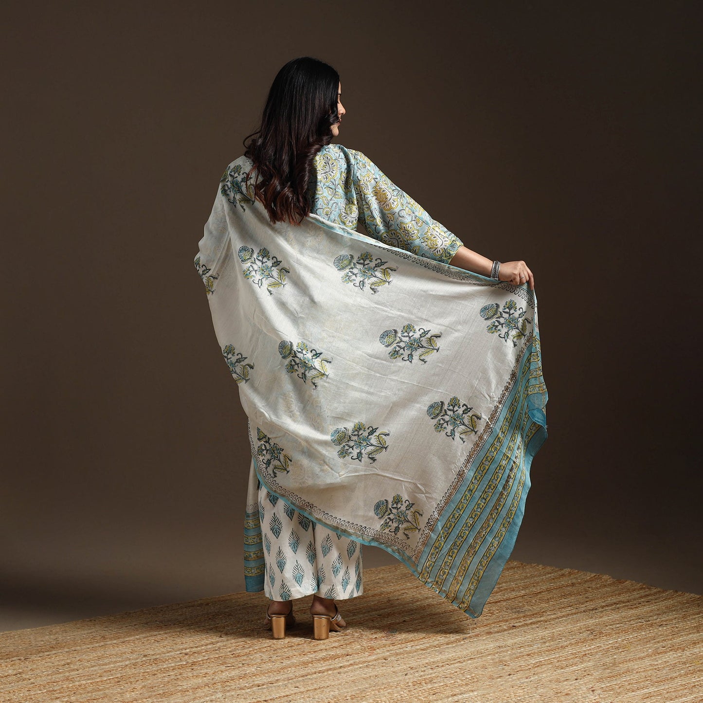 Blue - chanderi silk sanganeri suit set with dupatta