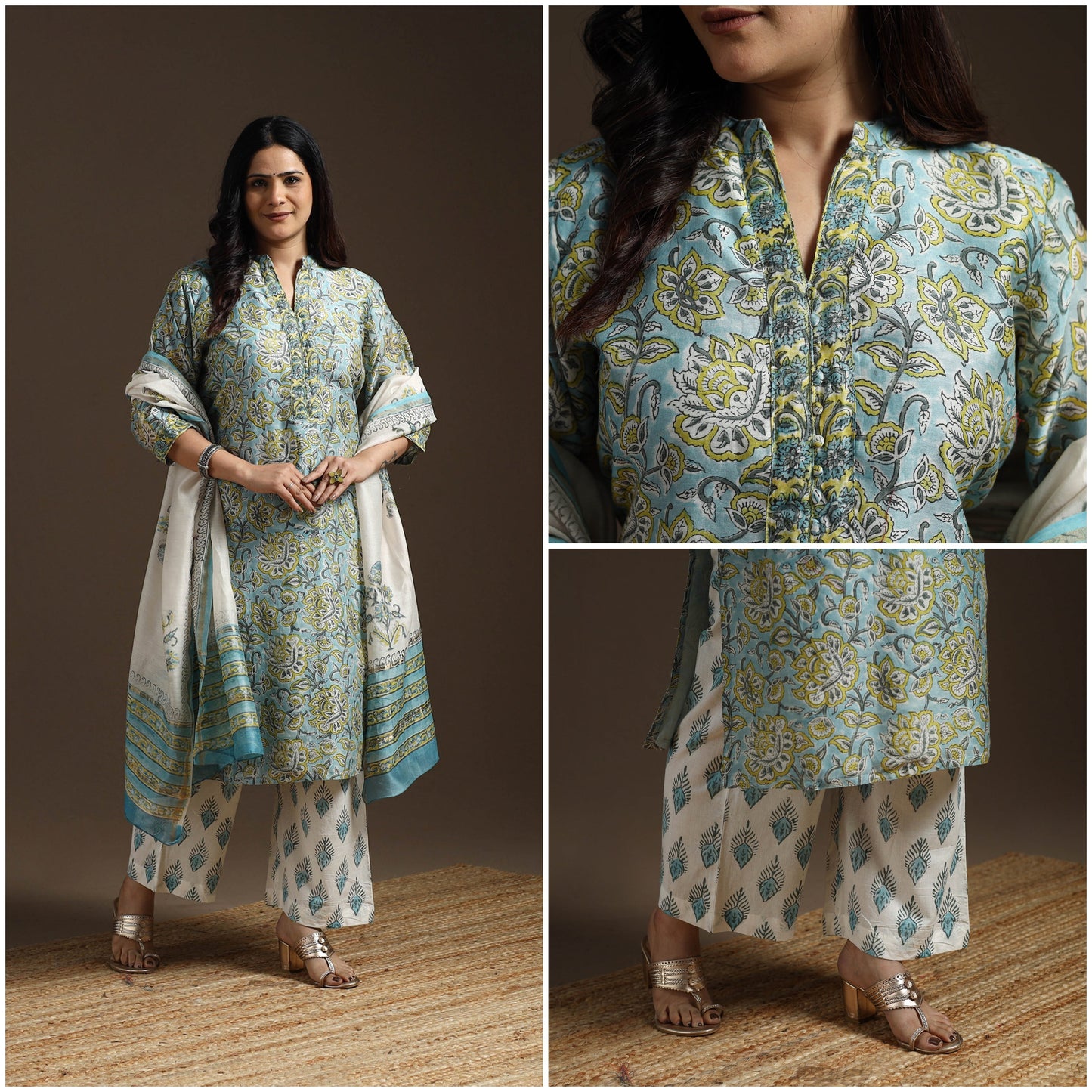 Blue - chanderi silk sanganeri suit set with dupatta