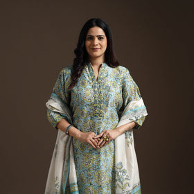 Blue - chanderi silk sanganeri suit set with dupatta