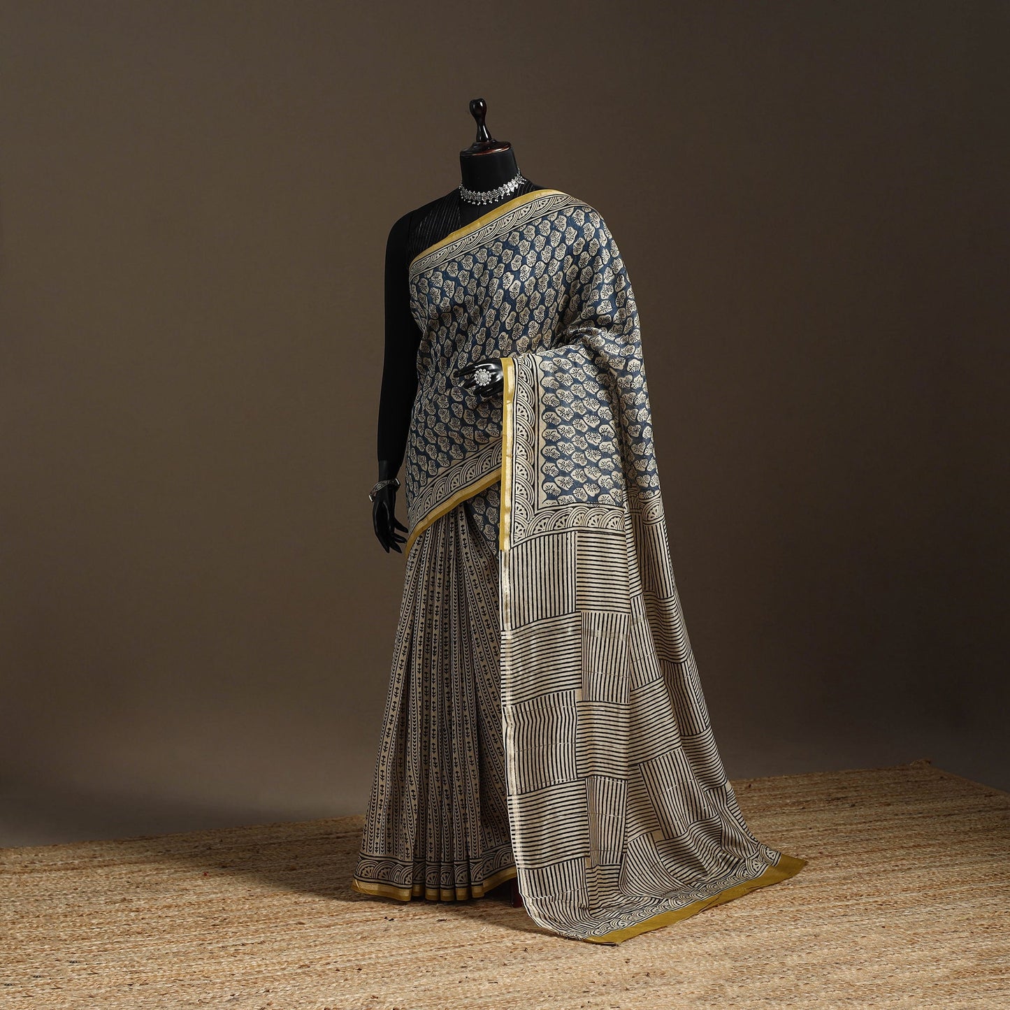 Chanderi silk hand bagru saree with zari border 06