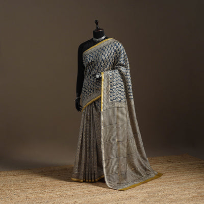 Chanderi silk hand bagru saree with zari border 06