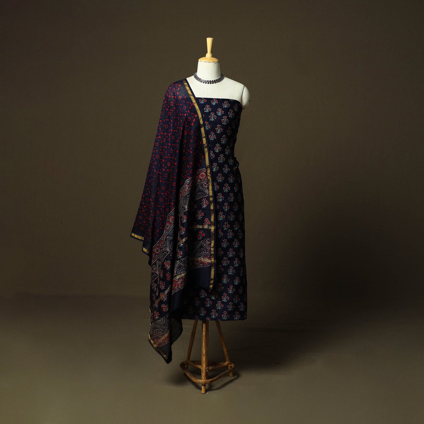 Chanderi silk hand block ajrakh print 3pc unstitched dress