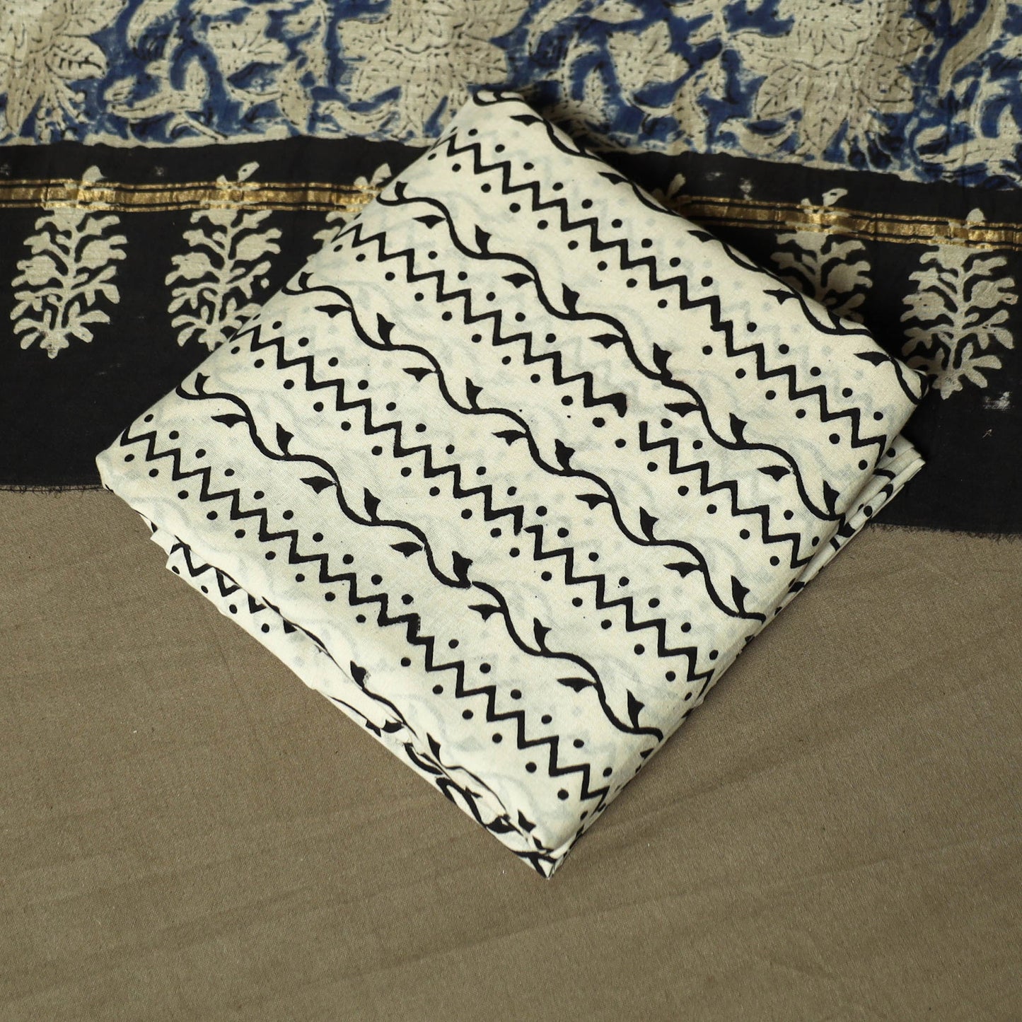 Chanderi silk hand block bagru print 3pc unstitched dress