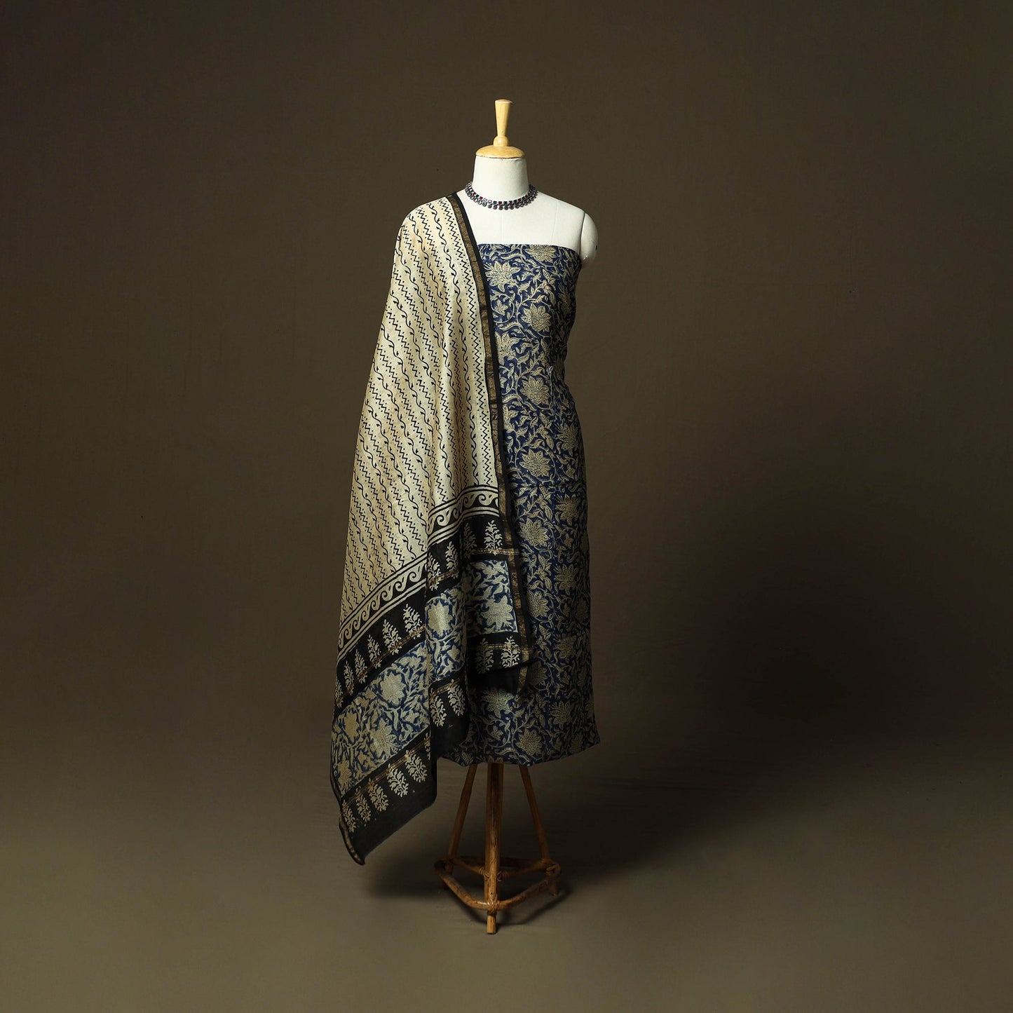 Chanderi silk hand block bagru print 3pc unstitched dress