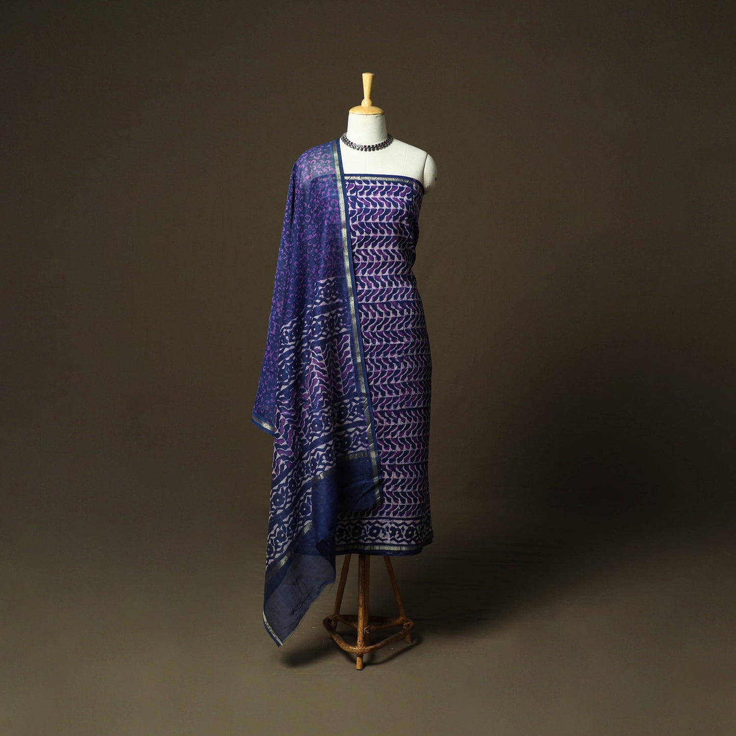 Chanderi silk hand block bagru print 3pc unstitched dress