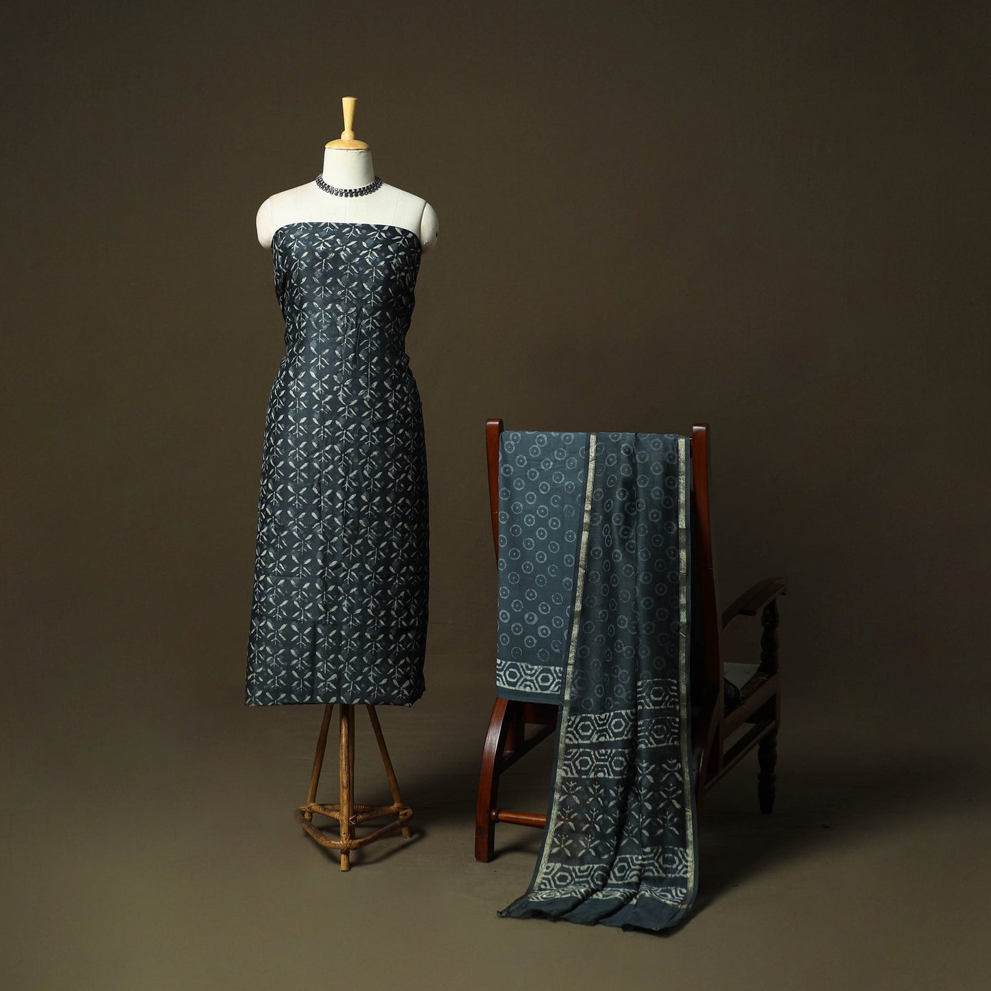 Chanderi silk hand block bagru print 3pc unstitched dress