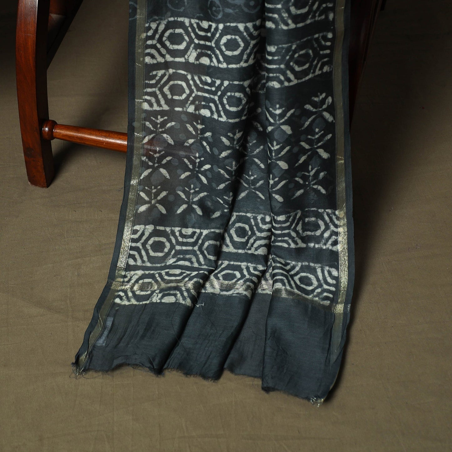 Chanderi silk hand block bagru print 3pc unstitched dress