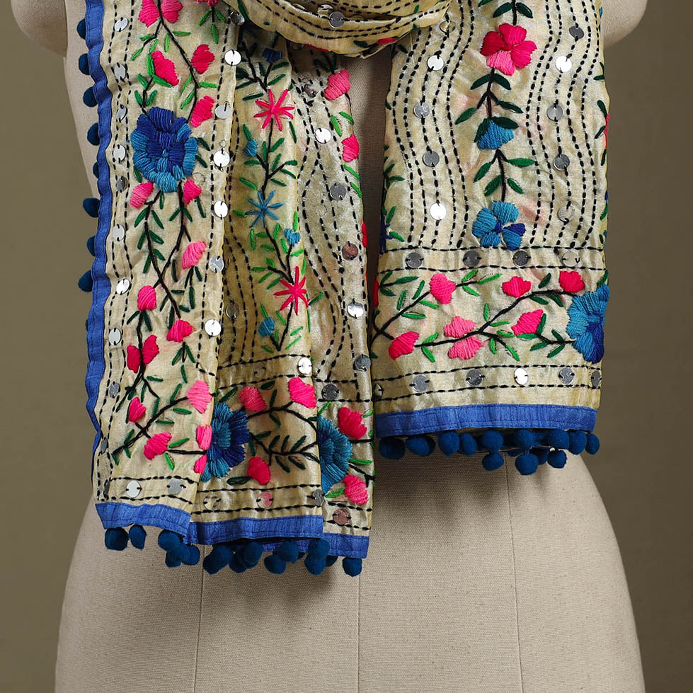 Blue Chanderi Silk Hand Embroidered Stole