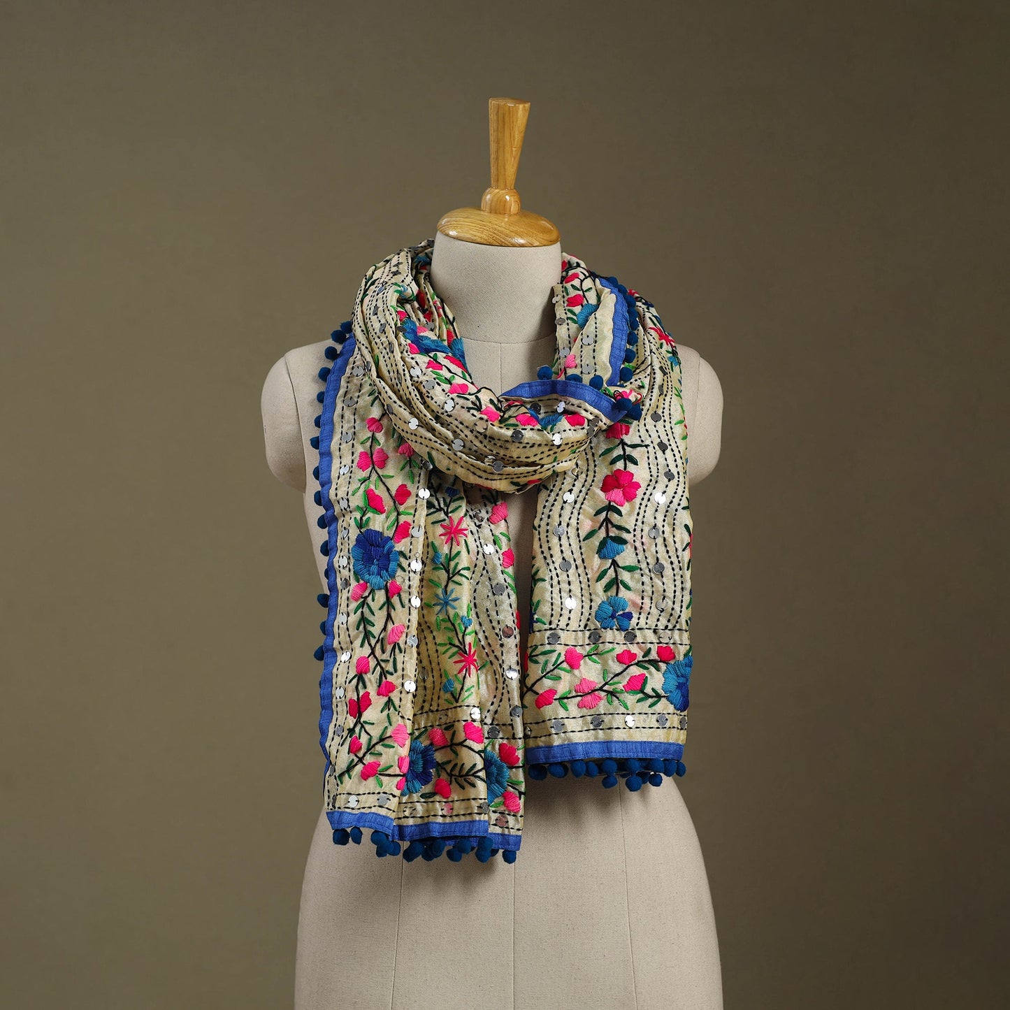 Blue Chanderi Silk Hand Embroidered Stole