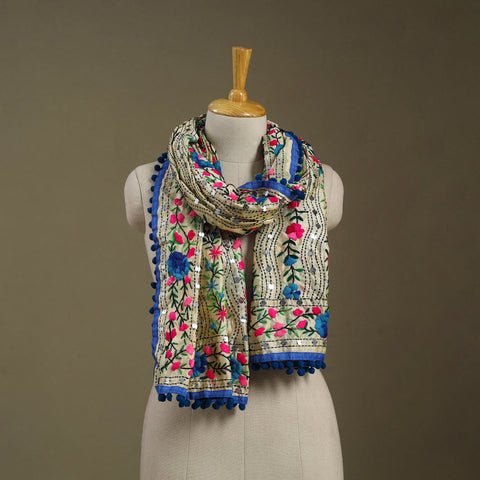 Blue Chanderi Silk Hand Embroidered Stole