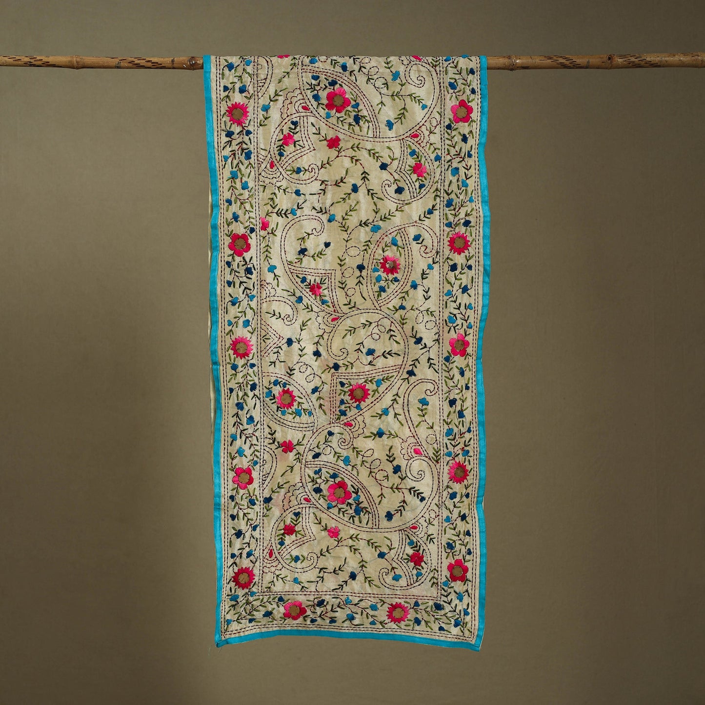 Blue Chanderi Silk Hand Embroidered Stole
