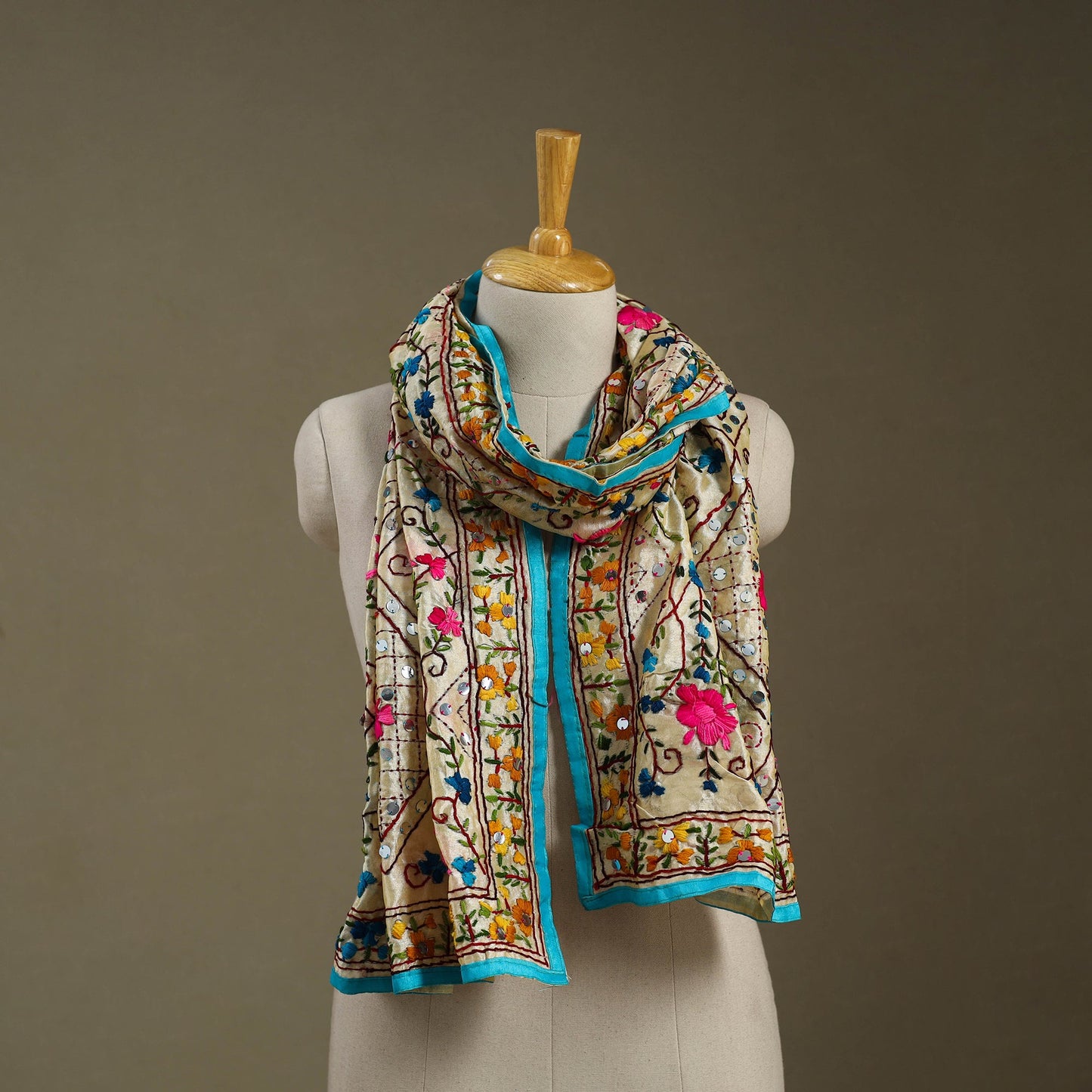 Blue Chanderi Silk Hand Embroidered Stole