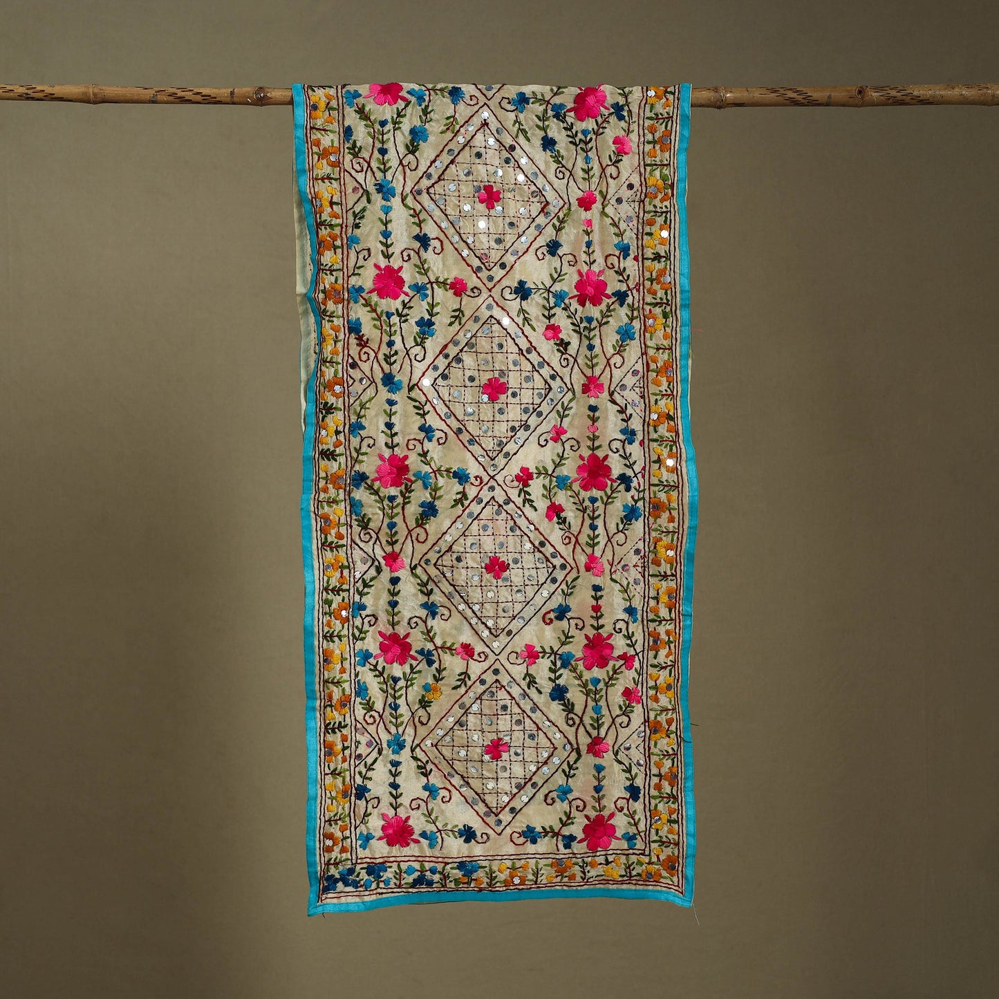Blue Chanderi Silk Hand Embroidered Stole