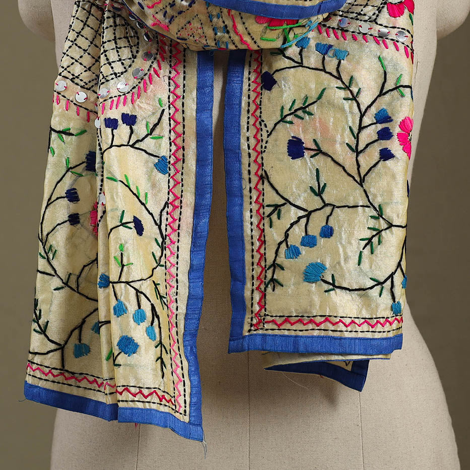Buy Chanderi Silk Phulkari Hand Embroidered Stole