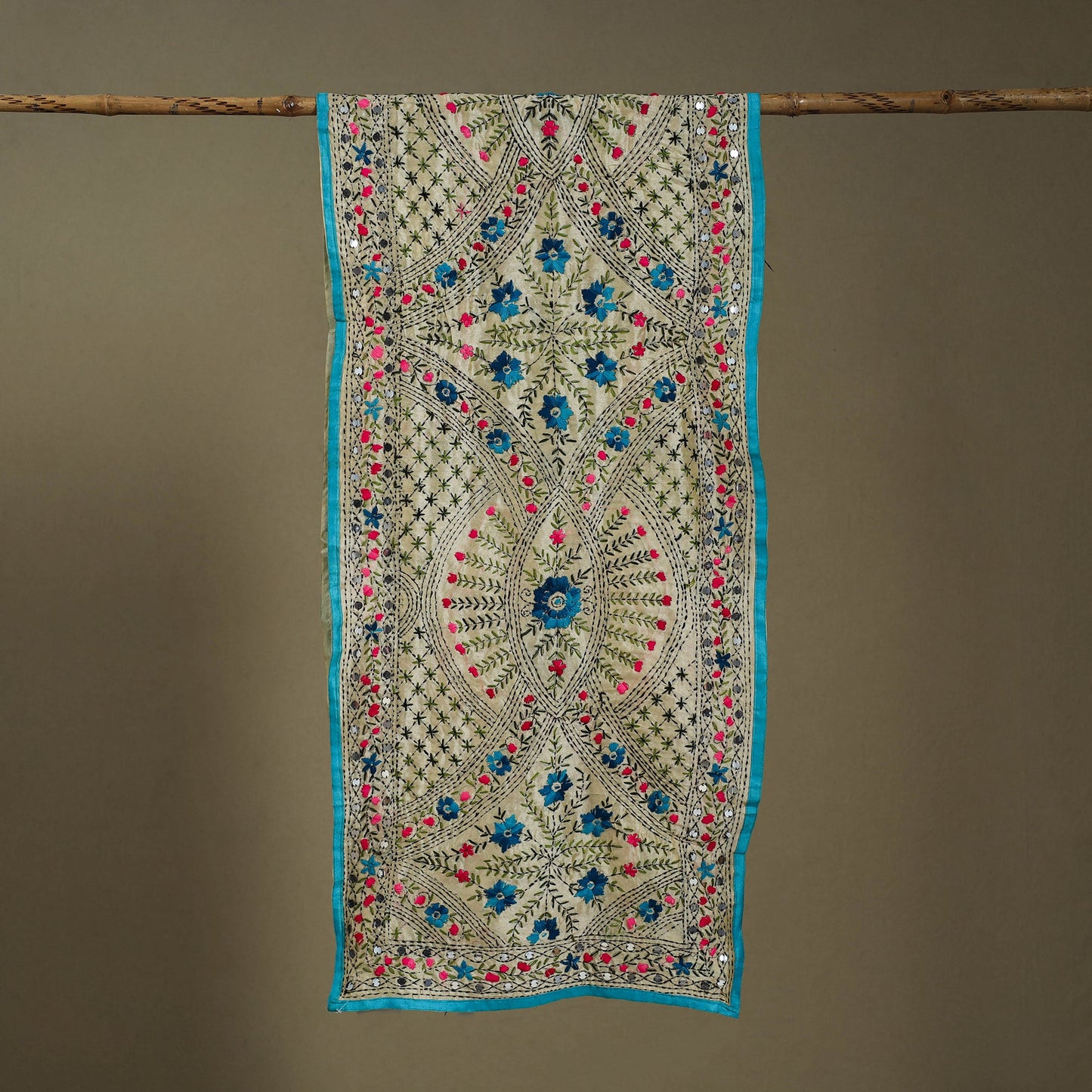 Blue Chanderi Silk Hand Embroidered Stole