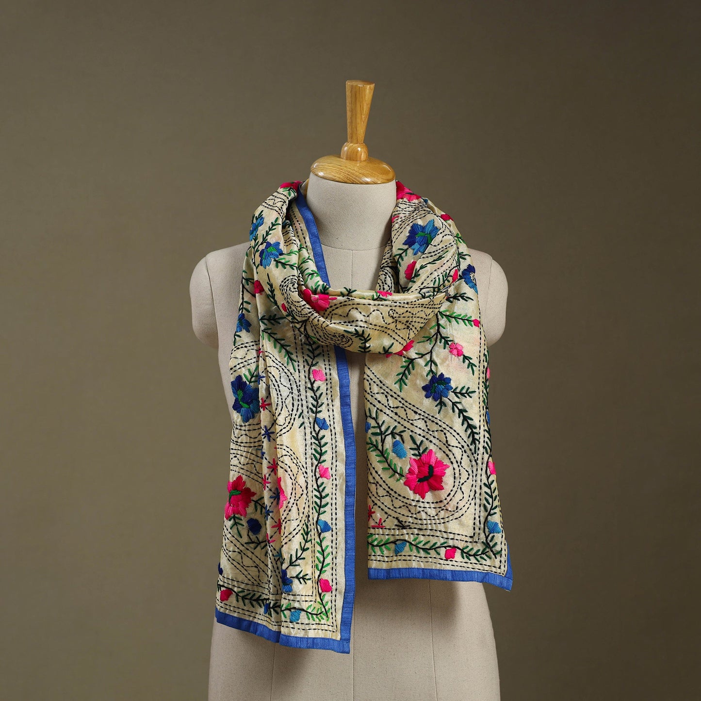 Blue Chanderi Silk Hand Embroidered Stole