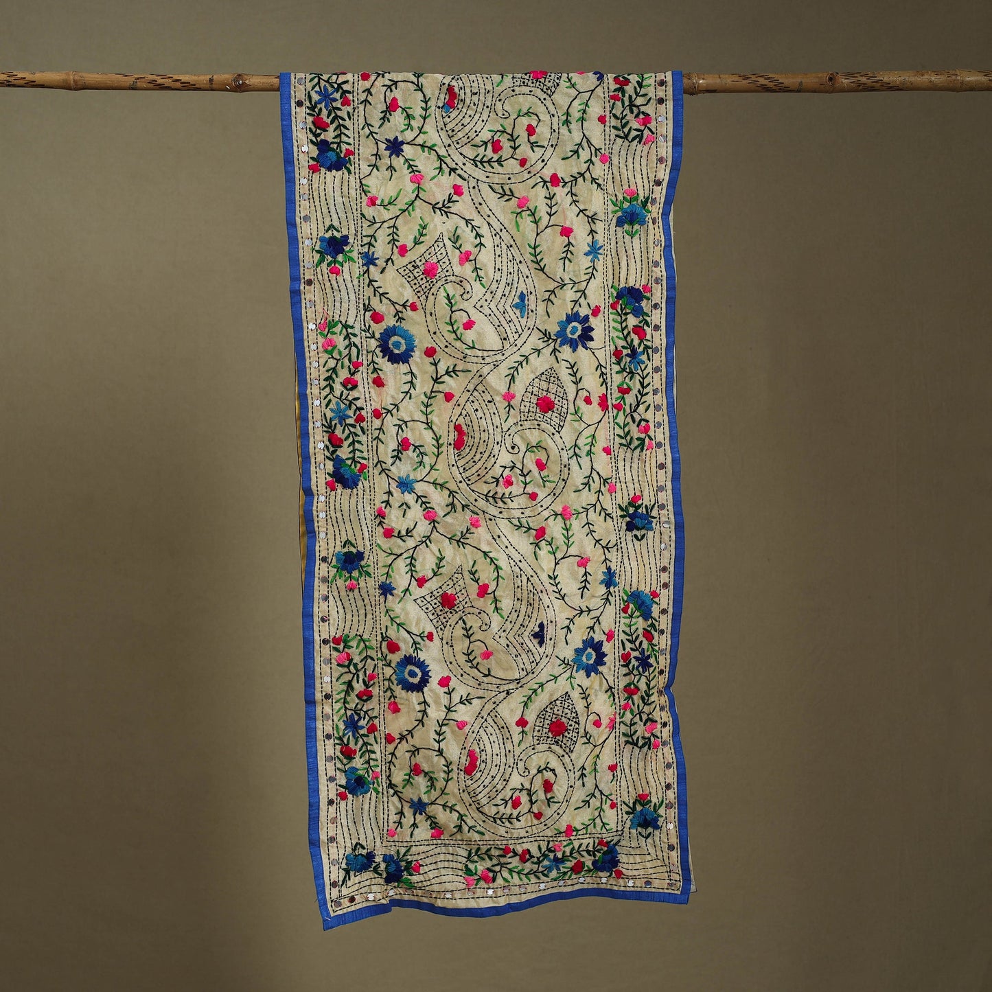 Blue Chanderi Silk Hand Embroidered Stole