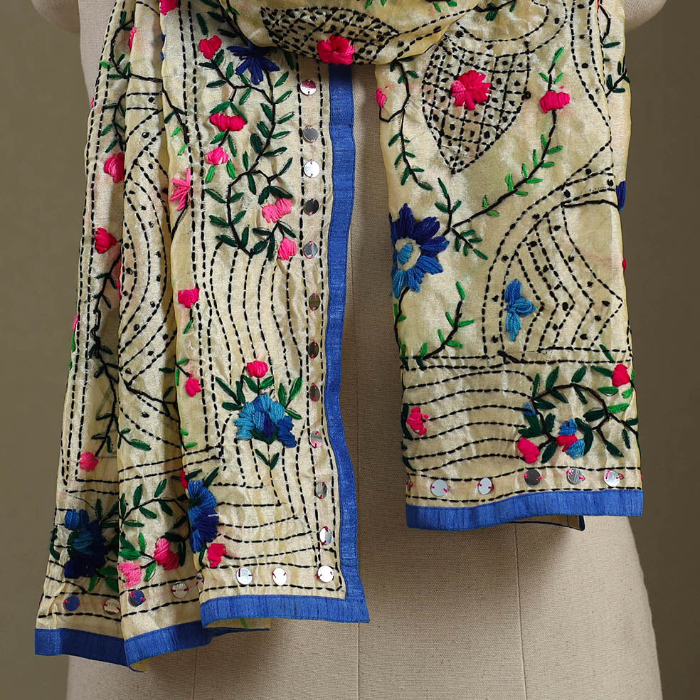 Blue Chanderi Silk Hand Embroidered Stole