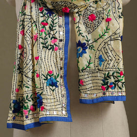 Blue Chanderi Silk Hand Embroidered Stole