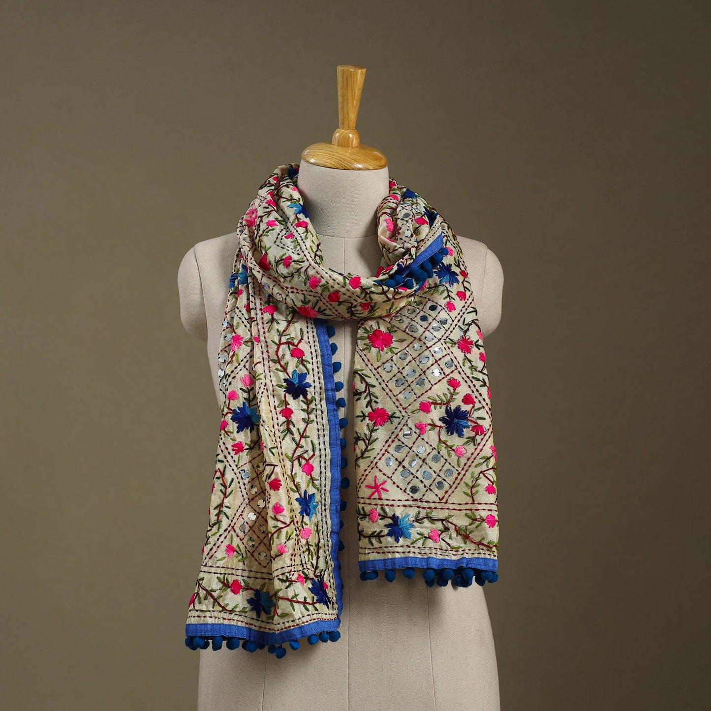 Blue - chanderi silk hand embroidered stole 93 - handcrafted