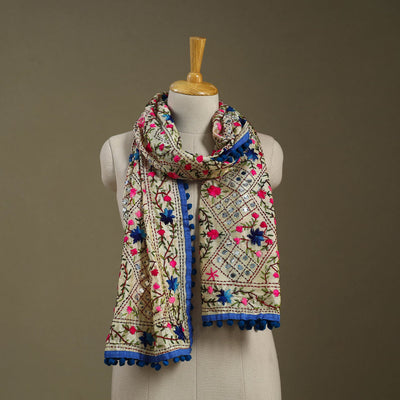 Blue - chanderi silk hand embroidered stole 93 - handcrafted