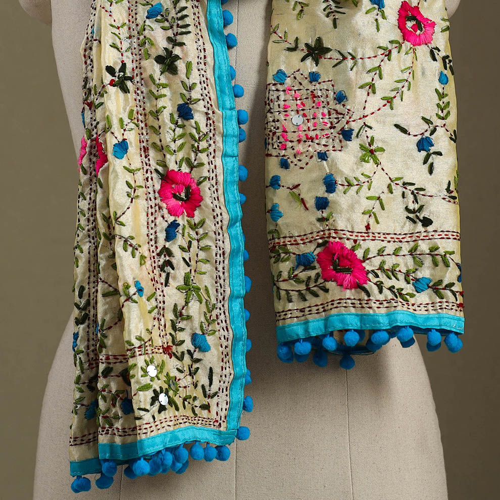 Blue Chanderi Silk Hand Embroidered Stole