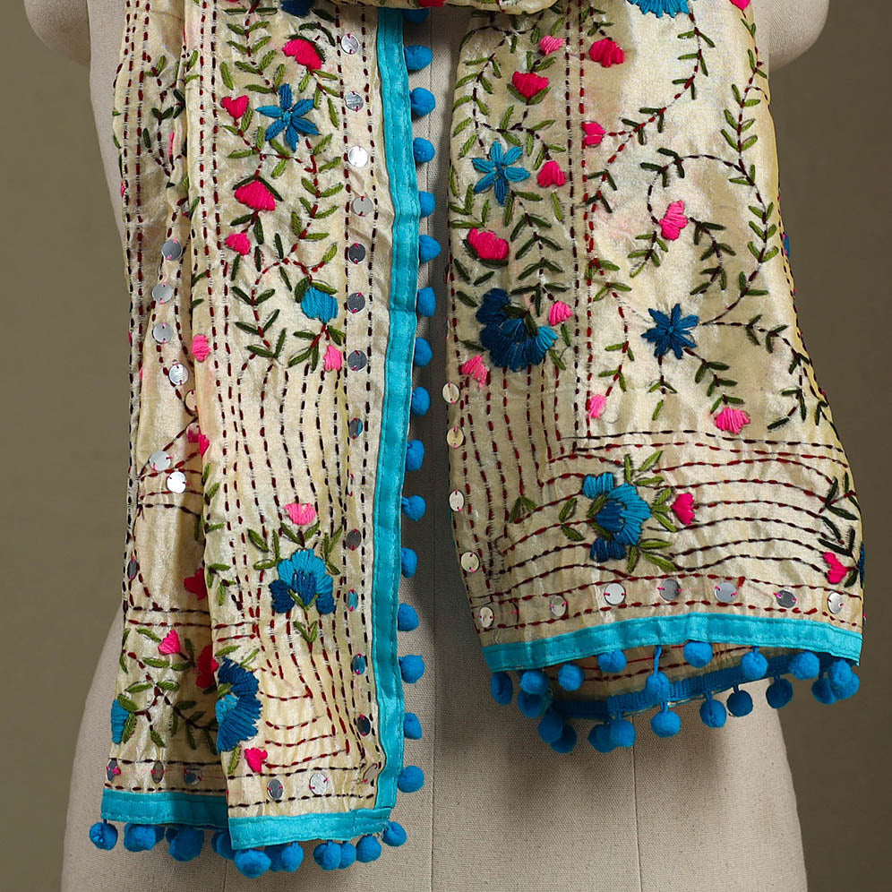 Blue Chanderi Silk Hand Embroidered Stole