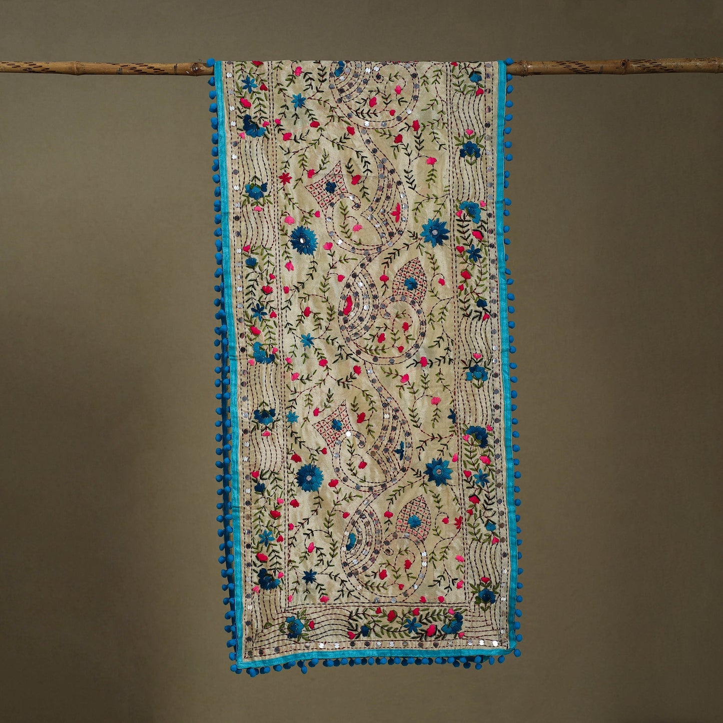 Blue Chanderi Silk Hand Embroidered Stole