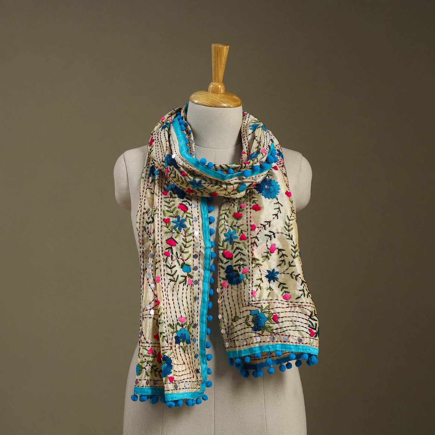 Blue Chanderi Silk Hand Embroidered Stole