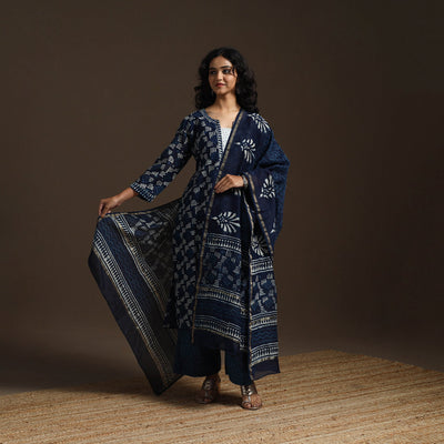 Blue - chanderi silk hand embroidery indigo bagru suit set