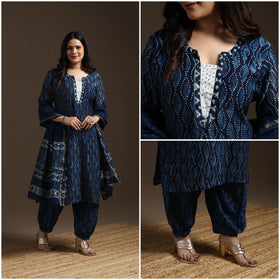 Blue - chanderi silk hand embroidery indigo bagru suit set