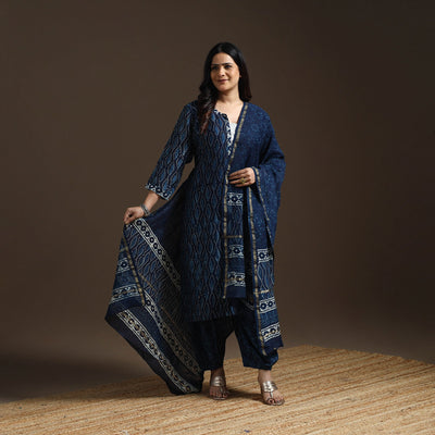 Blue - chanderi silk hand embroidery indigo bagru suit set