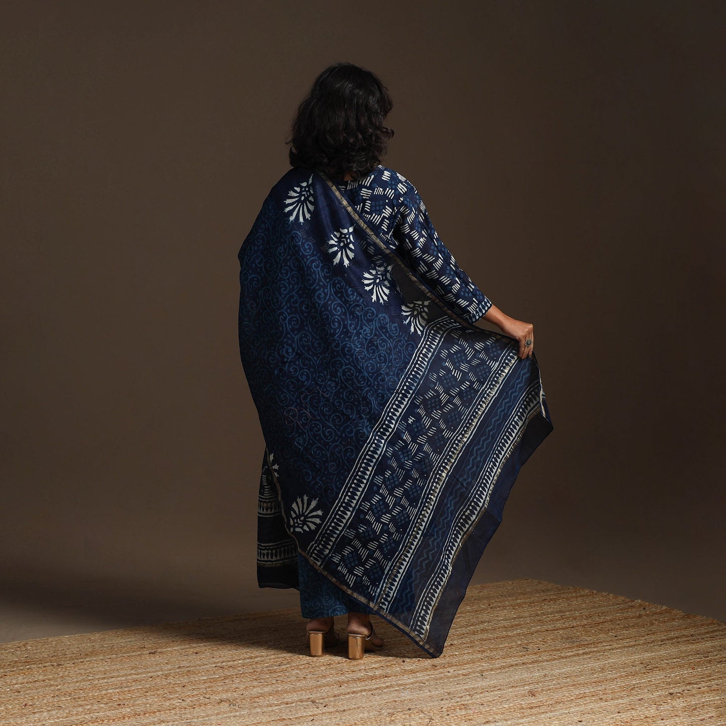 Blue - chanderi silk hand embroidery indigo bagru suit set